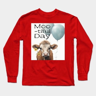 Brown cow with blue ballons Moo-tiful Day Long Sleeve T-Shirt